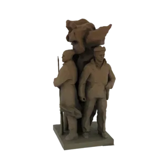3D-модель монументальной скульптуры с двумя солдатами в форме, стоящими спиной к спине, с абстрактной, плавной формой позади