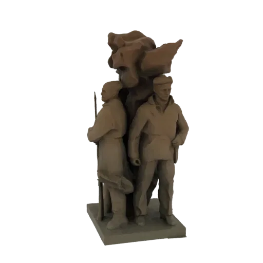 3D-модель монументальной скульптуры с двумя солдатами в форме, стоящими спиной к спине, с абстрактной, плавной формой позади