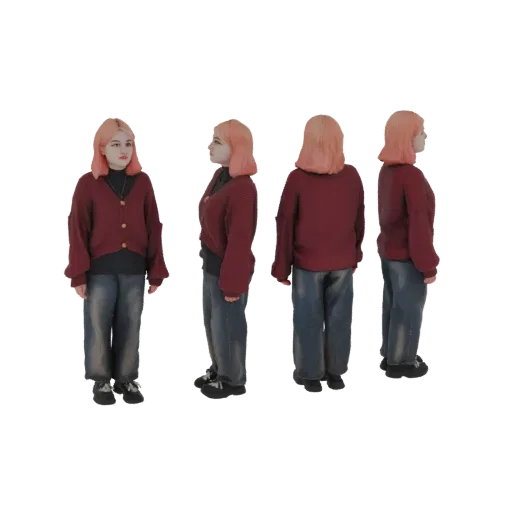 3D модель молодой женщины с розовыми волосами, в бордовом кардигане и синих джинсах, показана под разными углами.