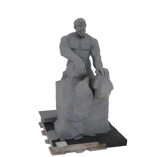 3D-модель мускулистого мужчины, ломающего большой камень, с детализированной мускулатурой и скалистым основанием.