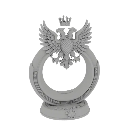 3D модель серого двуглавого орла на круглой подставке с декоративным основанием для умной колонки.