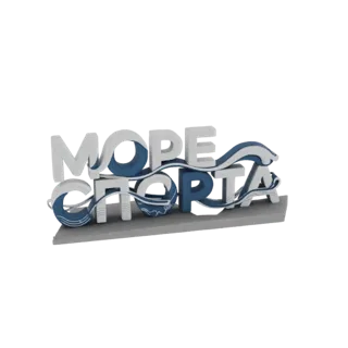 3D модель логотипа 'Море Спорта' на кириллице, с бело-синими буквами и динамичными сине-белыми волновыми акцентами на сером о