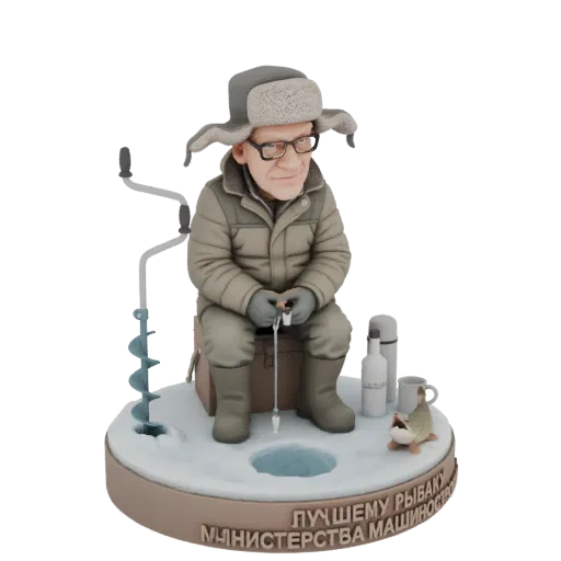 3D модель зимнего рыбака на ведре с ледобуром, термосом и рыбой на леске.