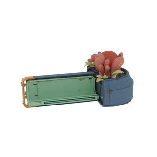 3D-модель футуристического синего горшка с зеленым выдвижным лотком, содержащего инопланетную флору с оранжевыми и фиолетовым