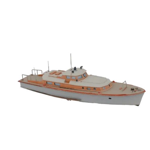 3D модель классической моторной яхты с белым корпусом и оранжевой отделкой, вид под небольшим углом.