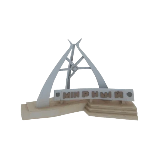 3D-модель Памятника Мирный, металлическая треугольная структура со словом 'МИРНЫЙ' на основании, на черном фоне.