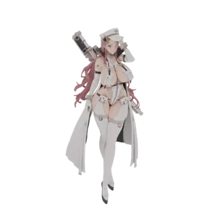 3D model of an anime-style female figure in a white military nurse outfit, holding a weapon.