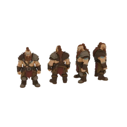 Стилизованная 3D-модель викинга-воина, показанная с разных ракурсов, с заплетенными волосами, бородой и прочной броней.