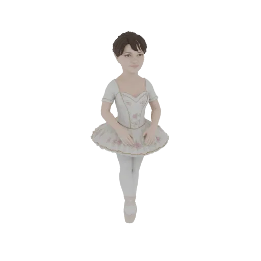3D модель юной балерины в белой пачке с розовыми цветочными акцентами, стоящей на пуантах.