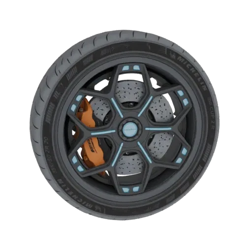 3D модель колеса автомобиля с серым диском, оранжевым тормозным суппортом и синими акцентами на спицах.
