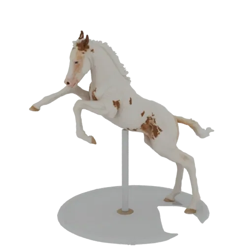 3D модель белого с коричневыми пятнами жеребенка Пинто на дыбах, на белой подставке, на белом фоне.