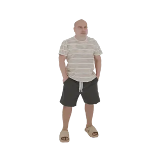 3D модель лысого мужчины в полосатой футболке и темных шортах, стоящего с руками в карманах, на белом фоне.