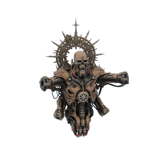Рендер 3D модели Кибернетического Некроманта со скелетной головой, механическим телом и большим шипастым нимбом на белом фоне