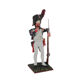 3D model of a French Grenadier soldier in uniform, holding a musket and wearing a tall bearskin hat with a red plume.