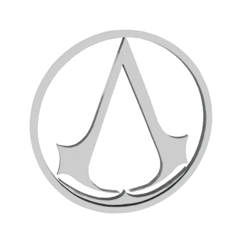 3D-модель логотипа Assassin's Creed, серебряный круглый герб со стилизованной головой орла внутри.