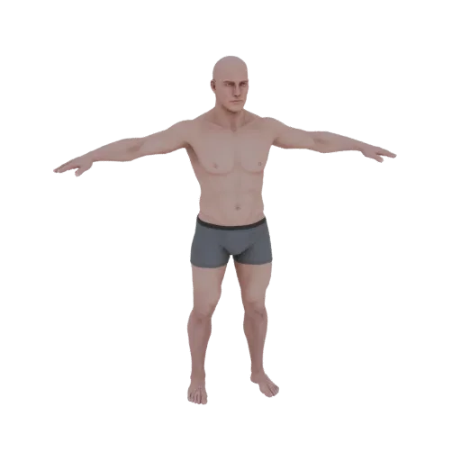 3D модель мужской фигуры человека, стоящего в T-позе, с руками, вытянутыми в стороны, и слегка расставленными ногами.