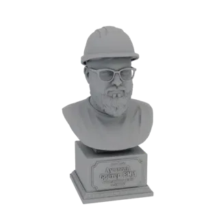 3D рендер серого бюста мужчины с бородой, в каске и очках, на постаменте.