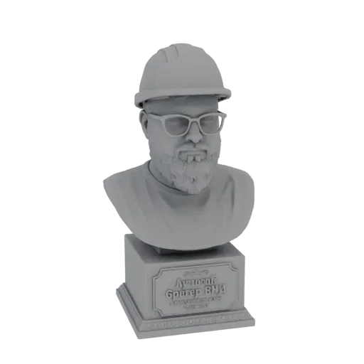 3D рендер серого бюста мужчины с бородой, в каске и очках, на постаменте.