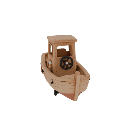 3D модель детского кораблика в мультяшном стиле с текстурой дерева, штурвалом, спасательным кругом и колесами