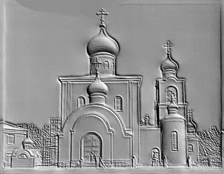 3D модель православного храма, выполненная в стиле барельефа, с центральным куполом и меньшими куполами, арками и окнами.