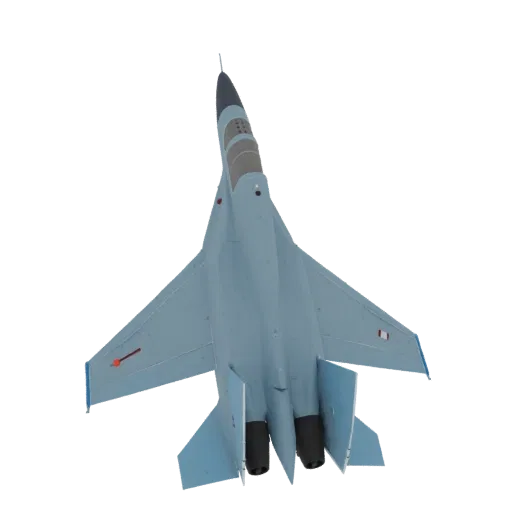 3D модель истребителя Су-33 в голубом камуфляже, вид сзади сверху, с двумя турбинами и стреловидными крыльями