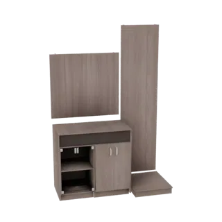 3D модель современного шкафа для прихожей с зеркалом, тумбой с двумя дверцами, открытыми полками и высоким шкафом, все в отде