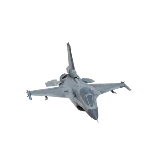3D модель серого истребителя Dassault Rafale в полете, вид с немного приподнятого переднего угла на белом фоне.