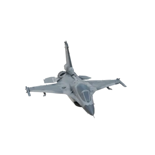 3D модель серого истребителя Dassault Rafale в полете, вид с немного приподнятого переднего угла на белом фоне.