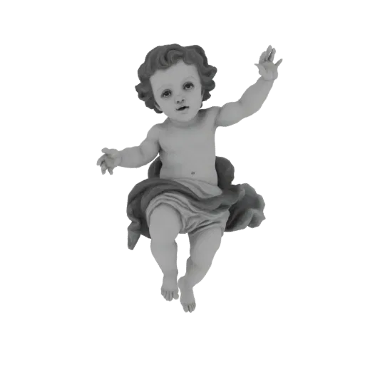 3D модель херувима с кудрявыми волосами и развевающимися одеждами, раскинутыми руками в динамичной позе.
