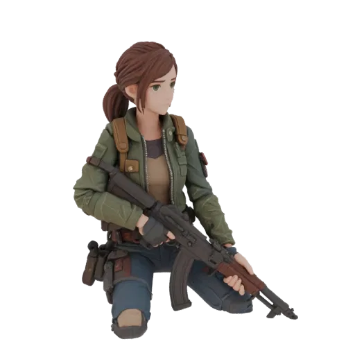 3D модель фигурки Элли из The Last of Us, сидящей в походной одежде с винтовкой