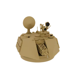 3D модель современной военной турели с радарной тарелкой, автопушкой и ракетными блоками, выполненная в цвете пустынного зага