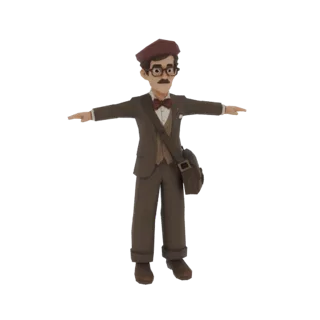 3D модель винтажного джентльмена в коричневом костюме, бордовом берете и с коричневым портфелем, в T-позе.