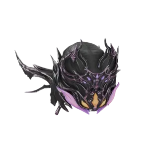 3D model of a dark, menacing helmet with sharp, black, organic-looking protrusions and glowing purple accents around the face