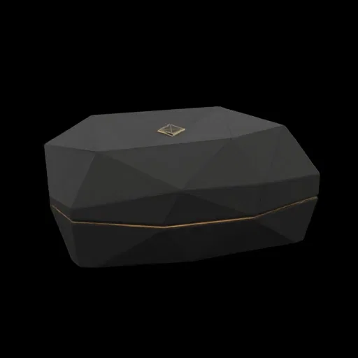 3D рендер граненной черной шкатулки для украшений с тонкой золотой отделкой на черном фоне.