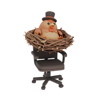 3D модель милой курицы в цилиндре, сидящей в гнезде на офисном кресле