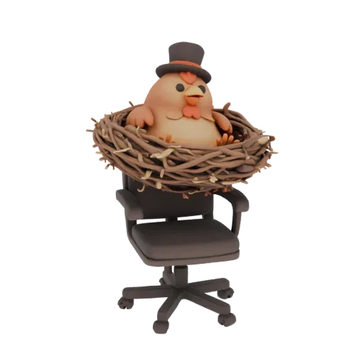 3D модель милой курицы в цилиндре, сидящей в гнезде на офисном кресле
