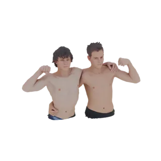 3D модель двух молодых парней, обнявшихся за плечи и демонстрирующих бицепсы, на белом фоне.