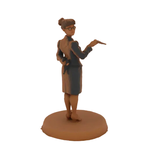 3D модель викторианской учительницы, женщина в очках и с собранными волосами, держит указку, стоит на круглой подставке.