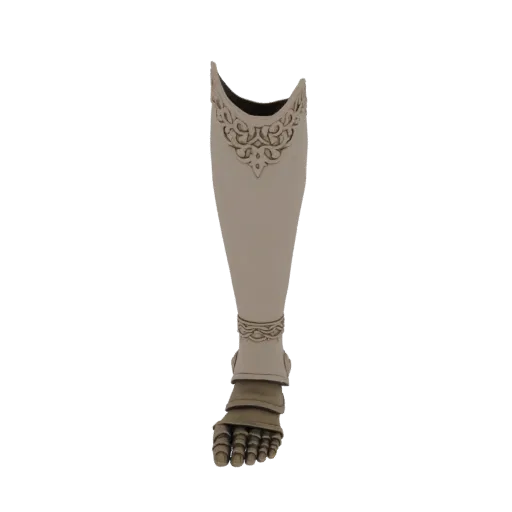 3D модель фэнтезийной защиты ног, от колена до детальной стопы, с витиеватым орнаментом и сегментированными пластинами.