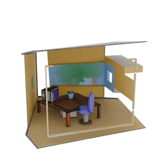 3D модель мультяшной офисной диорамы со столом, стулом и компьютером, отрисованная с жирными контурами и плоскими цветами.