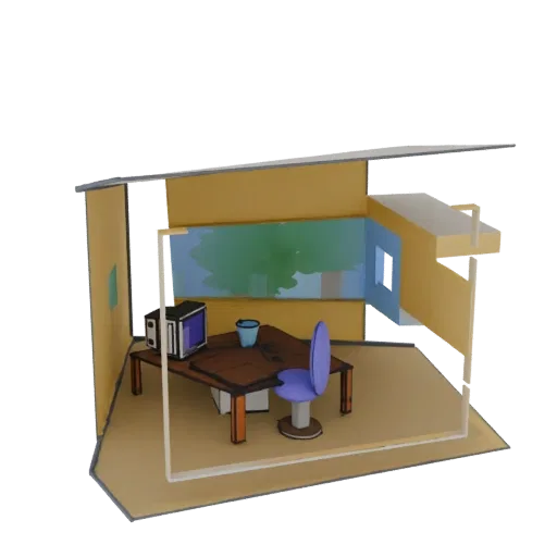 3D модель мультяшной офисной диорамы со столом, стулом и компьютером, отрисованная с жирными контурами и плоскими цветами.