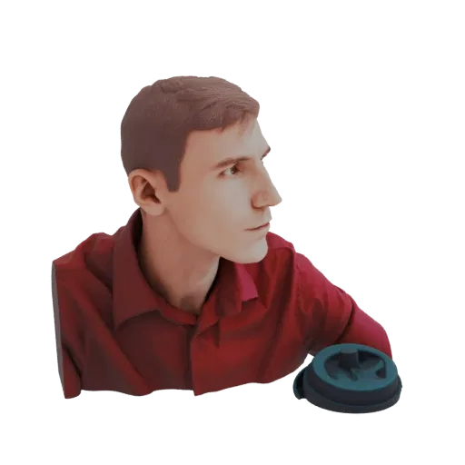 Рендер 3D модели бюста мужчины в красной рубашке, с короткими каштановыми волосами, смотрящего в сторону.