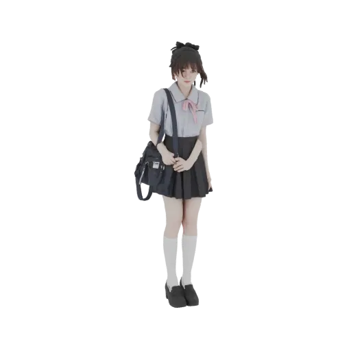 3D модель юной аниме школьницы в форме с рюкзаком, стоящей и смотрящей вперед.