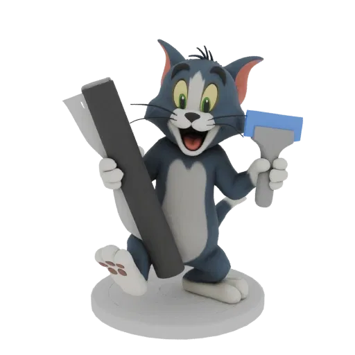 3D модель кота Тома из Том и Джерри, улыбающегося и держащего большую трубу и скребок, стоящего на круглом основании.