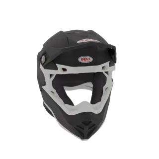 3D модель черно-белого шлема Bell Moto-9 Flex, вид спереди.