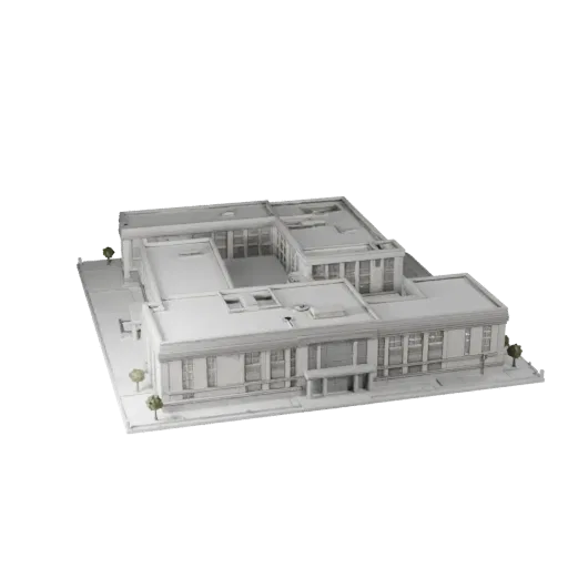 Печатная 3D-модель общественного центра STL, изометрический вид, показывающий материалы общественного здания и архитектурные