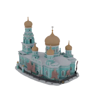 3D модель витиеватой бирюзово-золотой православной церкви, покрытой снегом, с несколькими куполами и высокой колокольней.