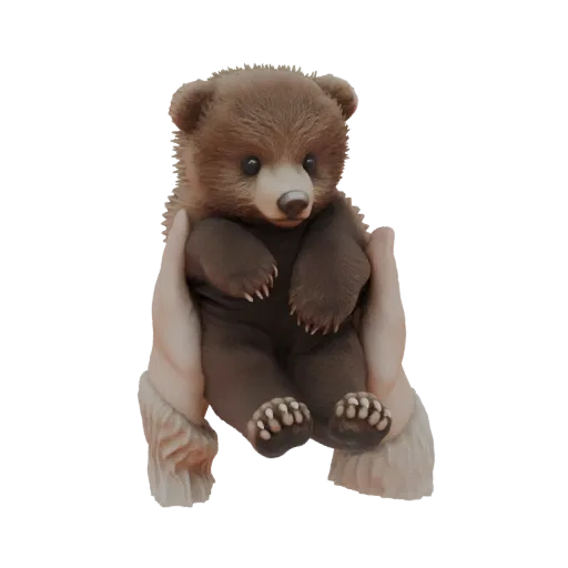 3D модель милого, пушистого бурого медвежонка, которого нежно держат две руки светлой кожи.