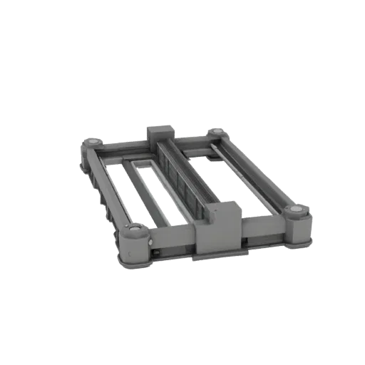 3D модель промышленной платформы серого цвета размером 1600x1400x300 мм, состоящая из швеллеров.