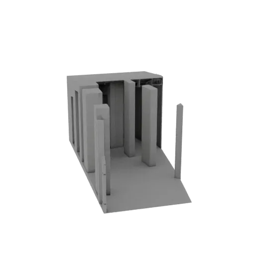3D модель абстрактной бруталистской структуры с высокими, массивными прямоугольными колоннами и блочной, геометрической компо